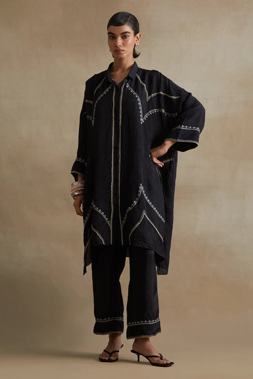 Thread Embroidered Silk Black Kurta Set