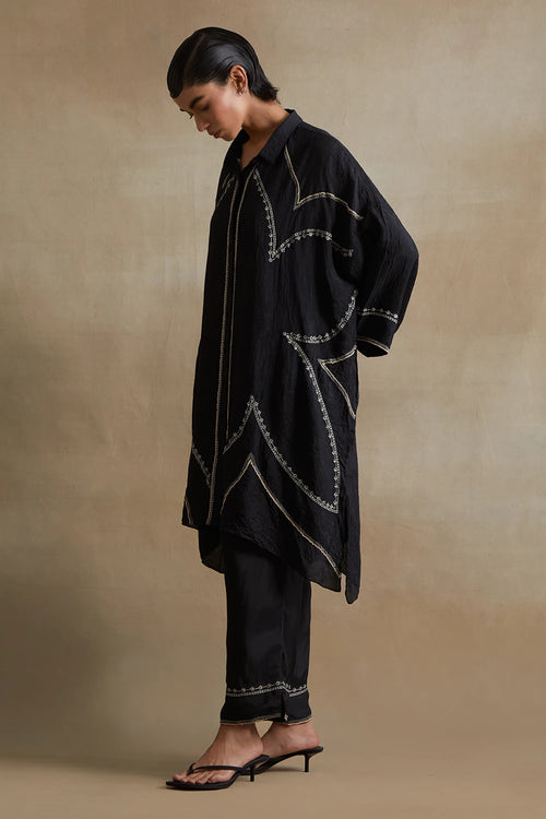 Thread Embroidered Silk Black Kurta Set
