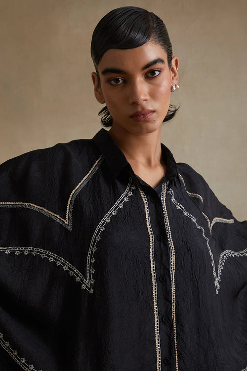 Thread Embroidered Silk Black Kurta Set