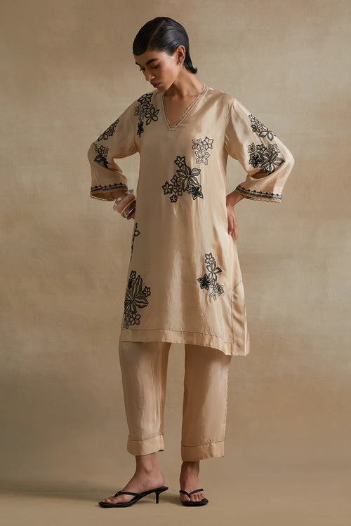 Clay Floral Cutwork Silk Tunic Set