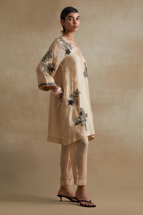 Clay Floral Cutwork Silk Tunic Set