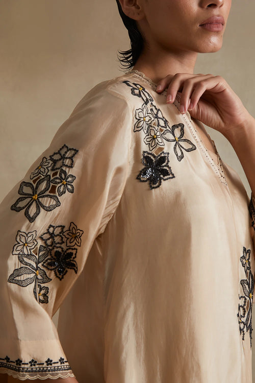 Clay Floral Cutwork Silk Tunic Set
