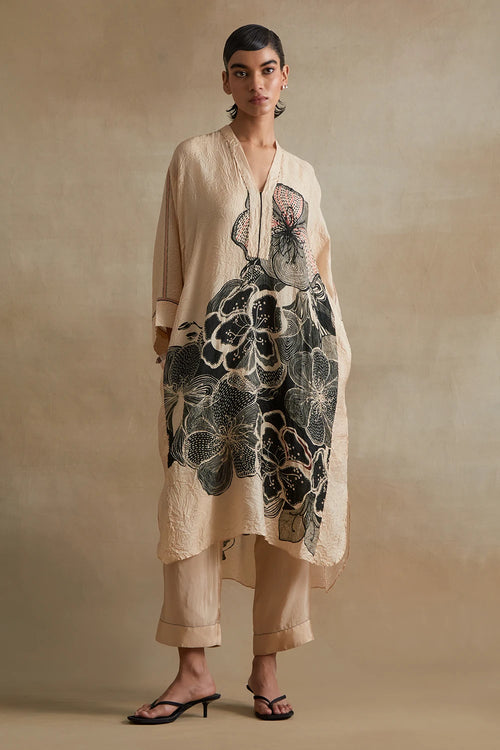 Hand-Embroidered Silk Clay Kurta Set