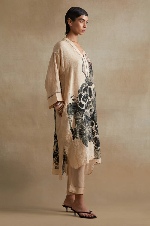 Hand-Embroidered Silk Clay Kurta Set