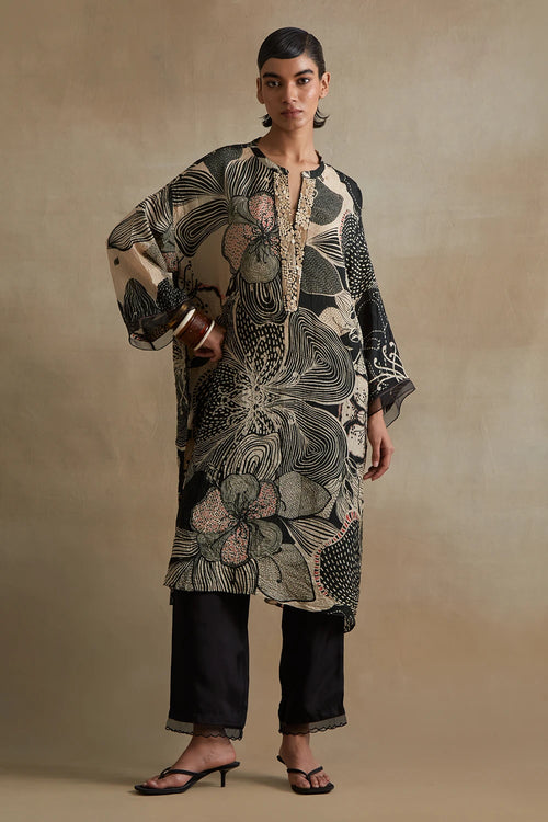 Hand-Embroidered Clay Silk Kurta Set