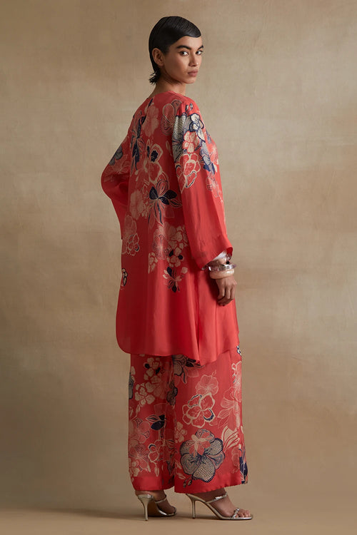 Tomato Floral Print Silk Co-ord Set