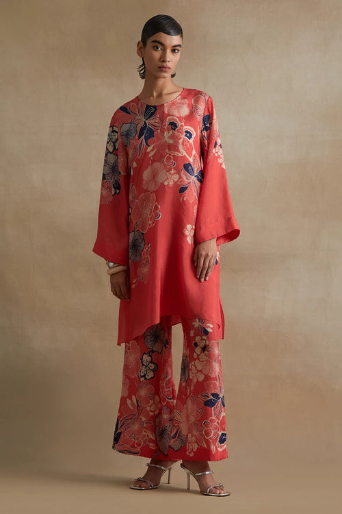 Tomato Floral Print Silk Co-ord Set