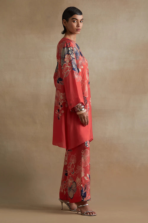 Tomato Floral Print Silk Co-ord Set