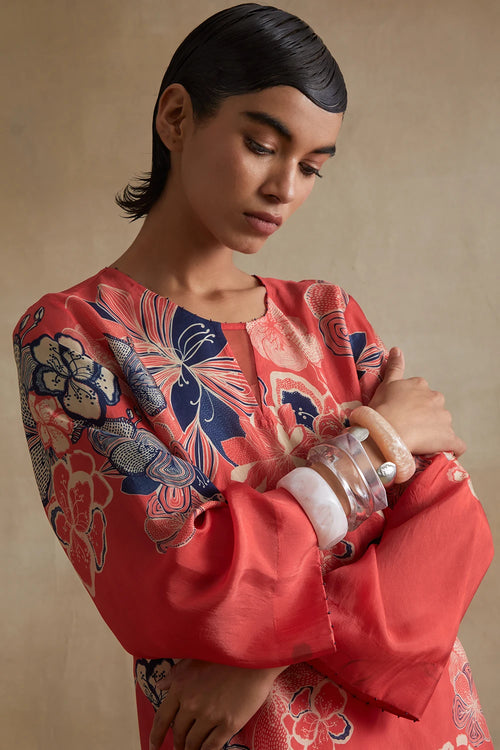 Tomato Floral Print Silk Co-ord Set