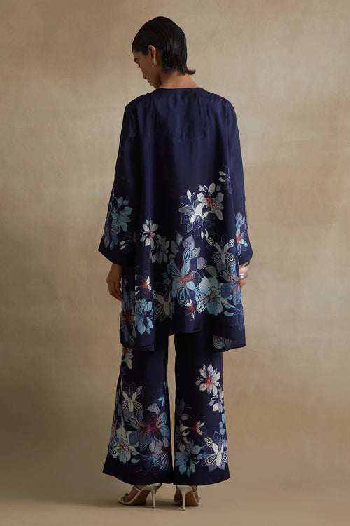 Navy Floral Print Silk Co-ord Set