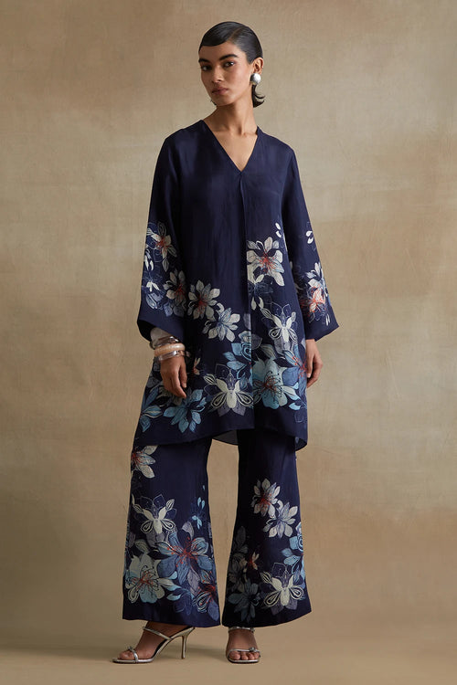Navy Floral Print Silk Co-ord Set
