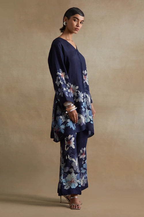 Navy Floral Print Silk Co-ord Set