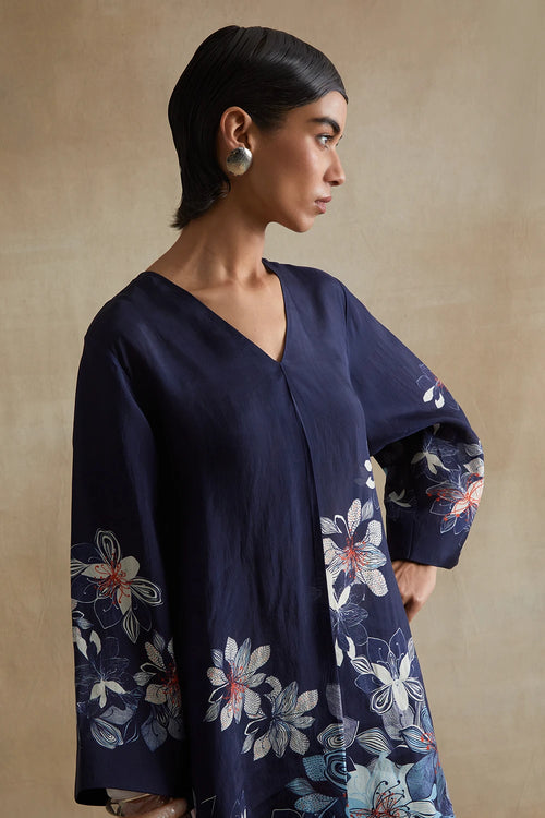 Navy Floral Print Silk Co-ord Set