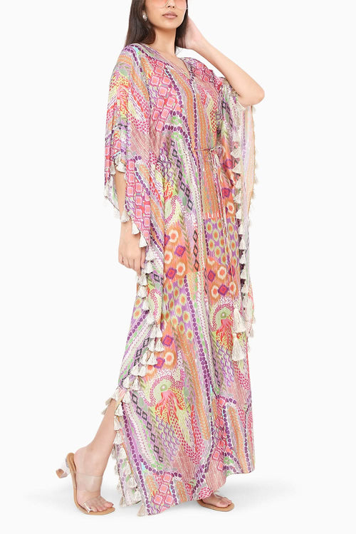 Multicolor African Print Silkmul Kaftan with Tassels