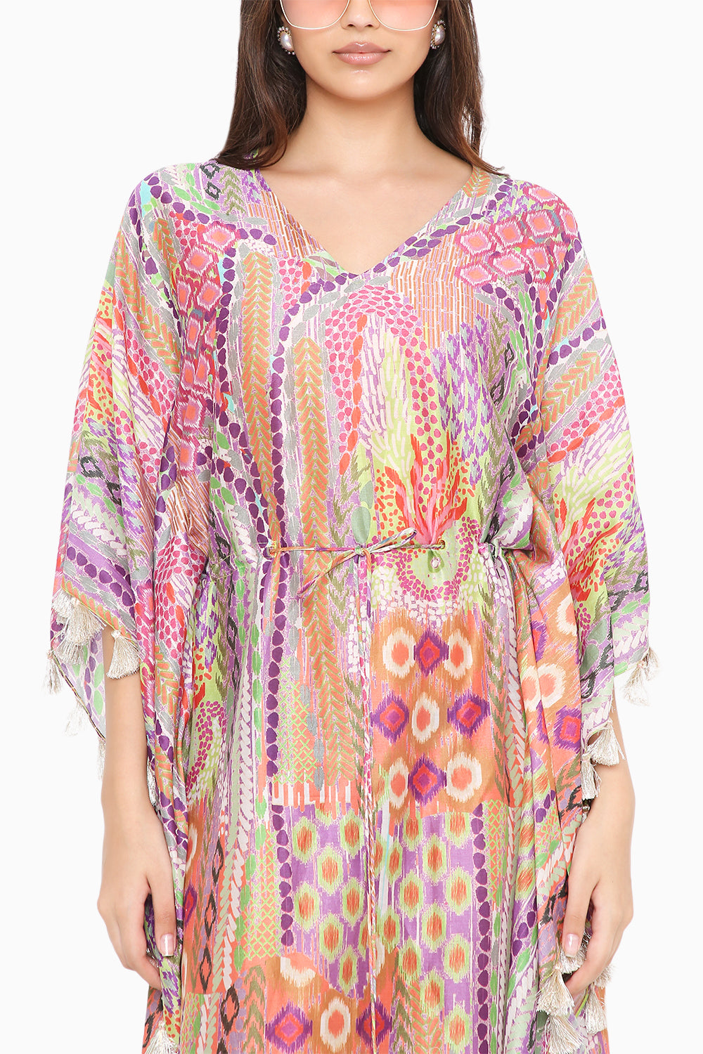 Multicolor African Print Silkmul Kaftan with Tassels