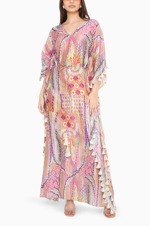 Multicolor African Print Silkmul Kaftan with Tassels
