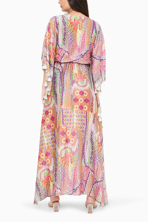 Multicolor African Print Silkmul Kaftan with Tassels