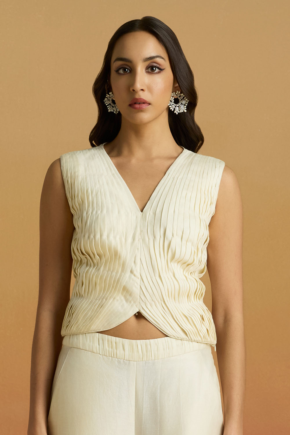 Ivory Pleated Crop Top and 3D Flared Amaryllis Jacket with Bell Bottoms