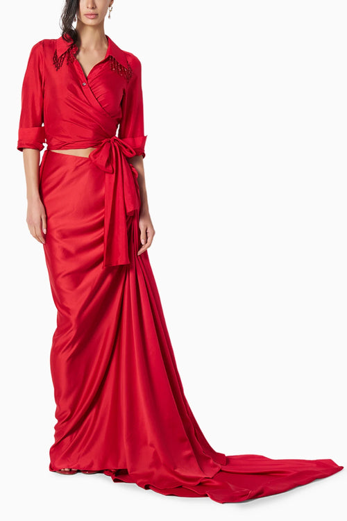 Kim Red Beaded Shirt With Kaai Skirt