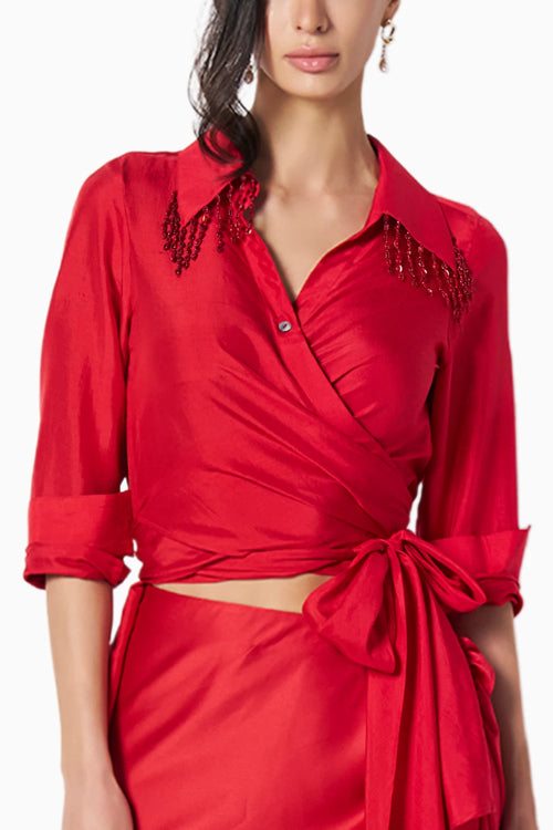 Kim Red Beaded Shirt With Kaai Skirt