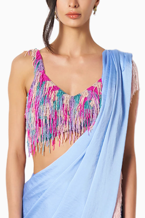 Rainbow Beaded Fringe Blouse With Noor Ice Blue Fringe Sari
