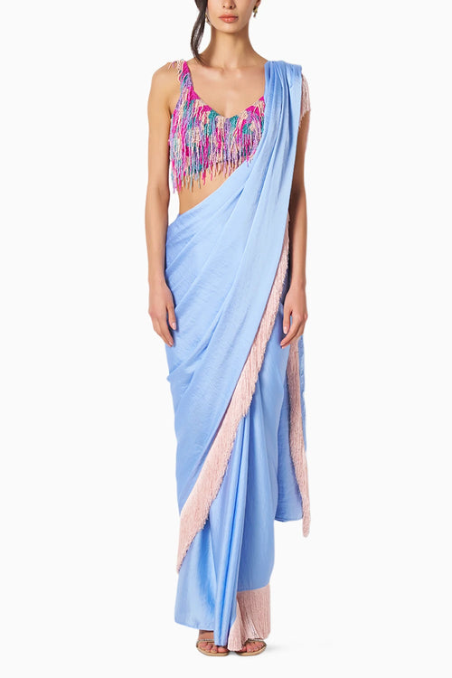 Noor Ice Blue Fringe Sari