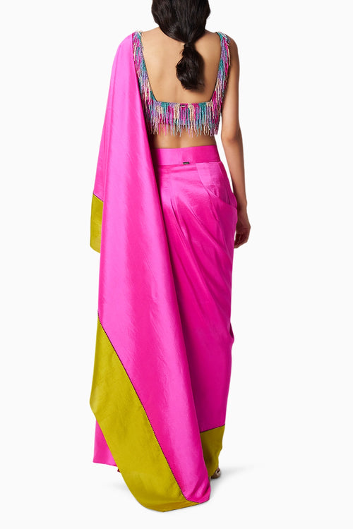 Rainbow Bead Fringe Blouse With Block Fuschia-Kelley Green Sari