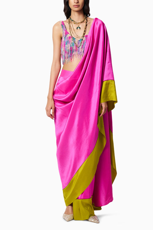 Rainbow Bead Fringe Blouse With Block Fuschia-Kelley Green Sari