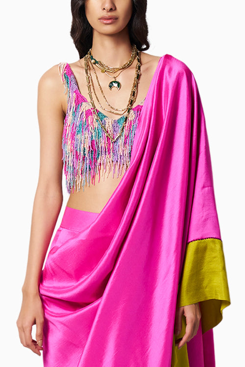 Rainbow Bead Fringe Blouse With Block Fuschia-Kelley Green Sari