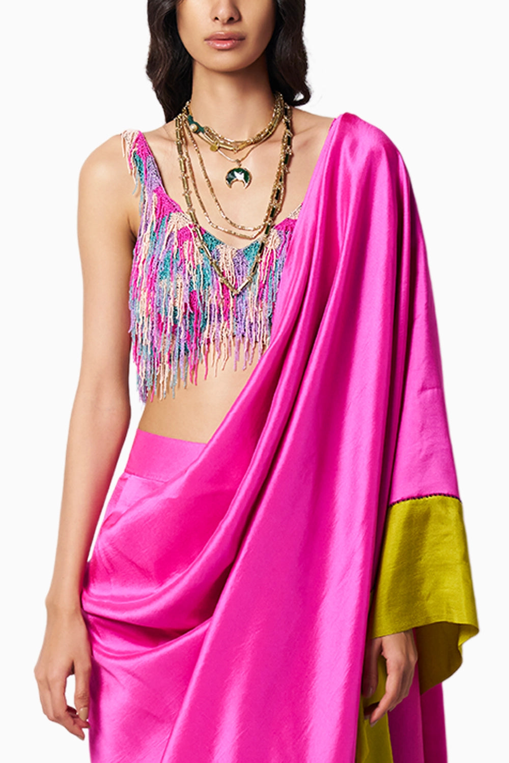 Rainbow Bead Fringe Blouse With Block Fuschia-Kelley Green Sari