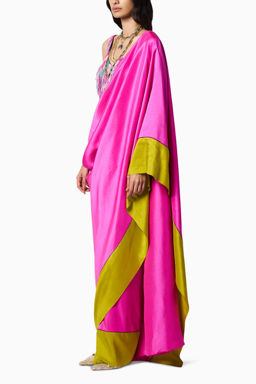 Rainbow Bead Fringe Blouse With Block Fuschia-Kelley Green Sari