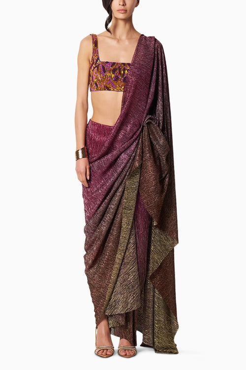 Reef Sunset Blouse With Shimmer Ombre Net Sari