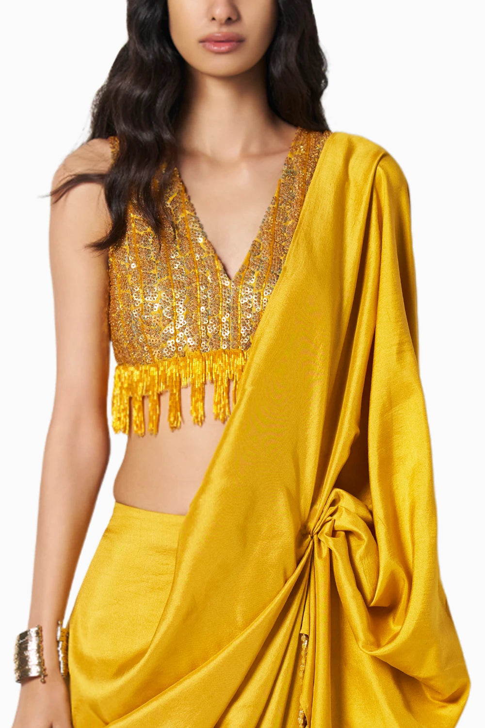 Coral Ochre Yellow Blouse With Beaded Masai Godet Sari
