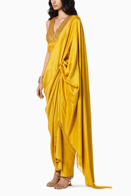 Beaded Ochre Yellow Masai Godet Sari