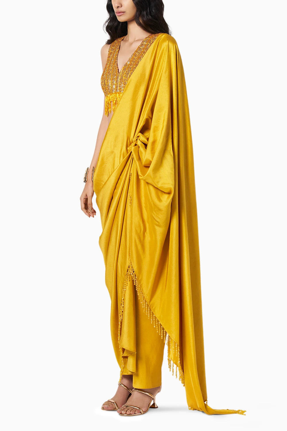Beaded Ochre Yellow Masai Godet Sari