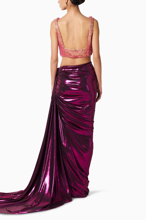 Tia Gold-Fuschia Blouse With Liquid Kaai Skirt
