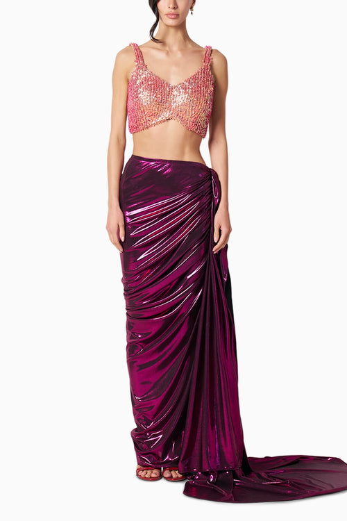 Tia Gold-Fuschia Blouse With Liquid Kaai Skirt