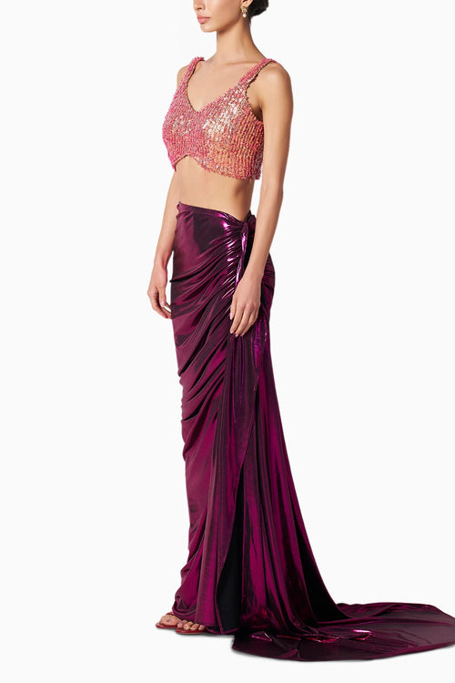 Tia Gold-Fuschia Blouse With Liquid Kaai Skirt