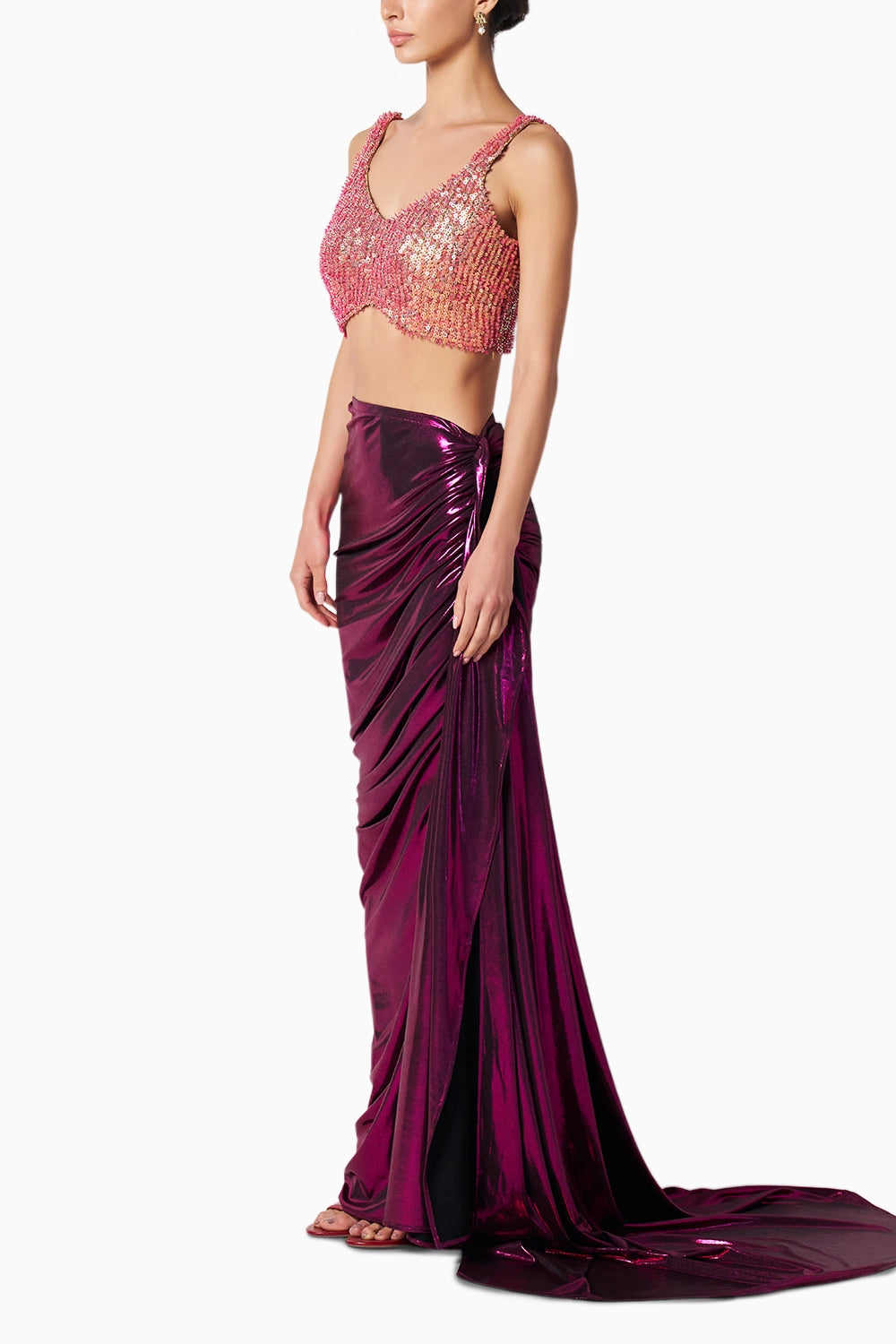 Tia Gold-Fuschia Blouse With Liquid Kaai Skirt