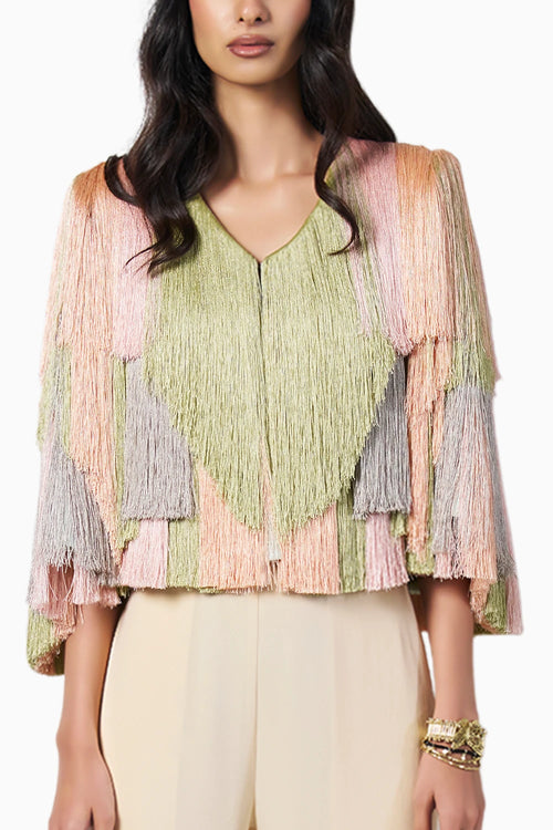 Fringe Mint Cape With Sharara Peach Pants