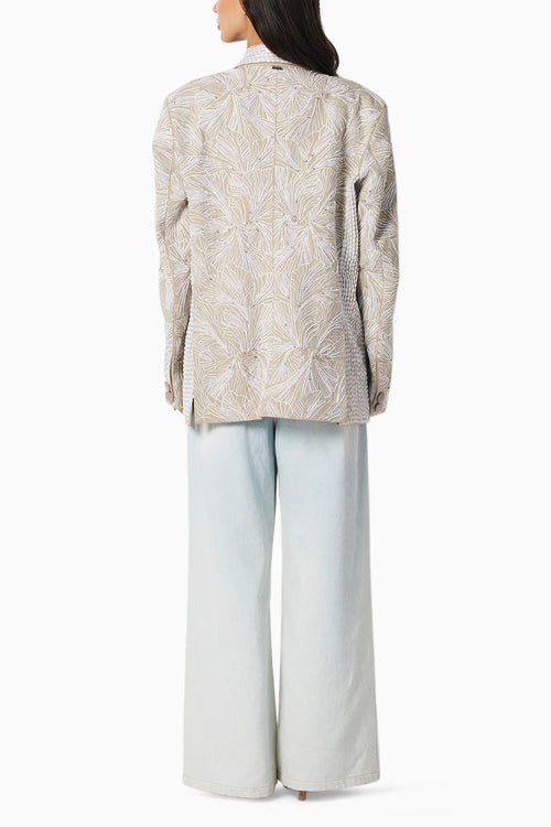 Shan Champagne Blouse With Aria Blue Jeans & Dune Sage Jacket