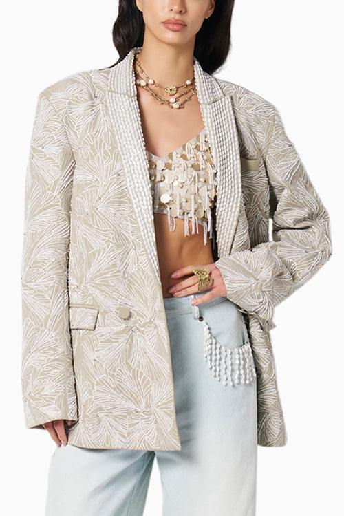 Shan Champagne Blouse With Aria Blue Jeans & Dune Sage Jacket