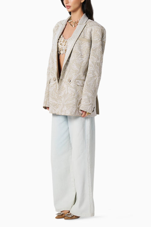 Shan Champagne Blouse With Aria Blue Jeans & Dune Sage Jacket