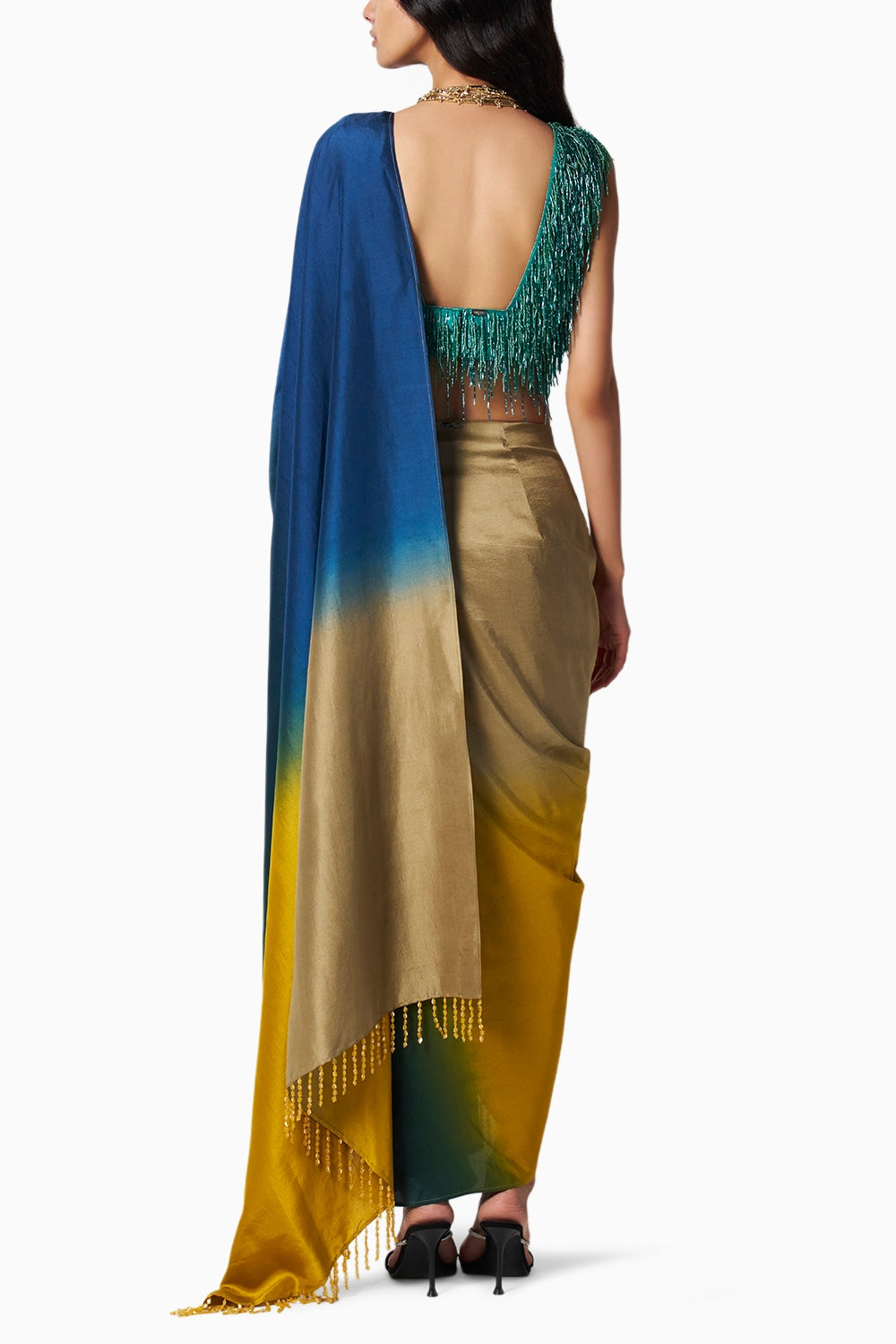 Beaded Ombre Yellow Godet Sari