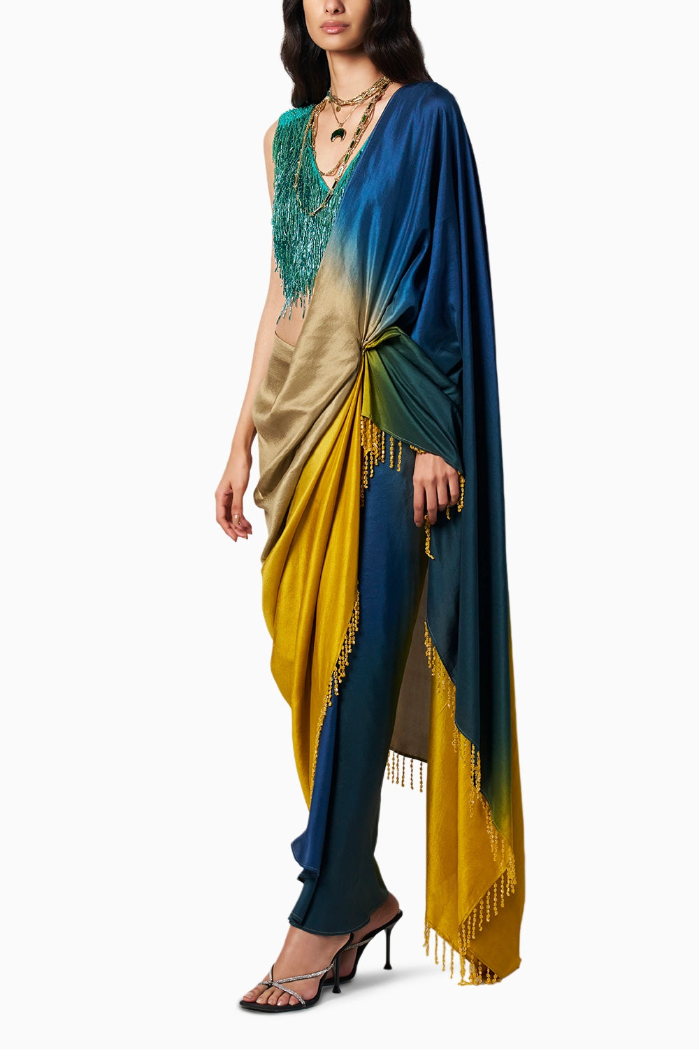 Beaded Ombre Yellow Godet Sari
