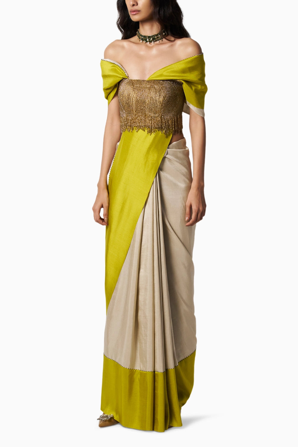Kansha Champagne With Kelly Green Sari