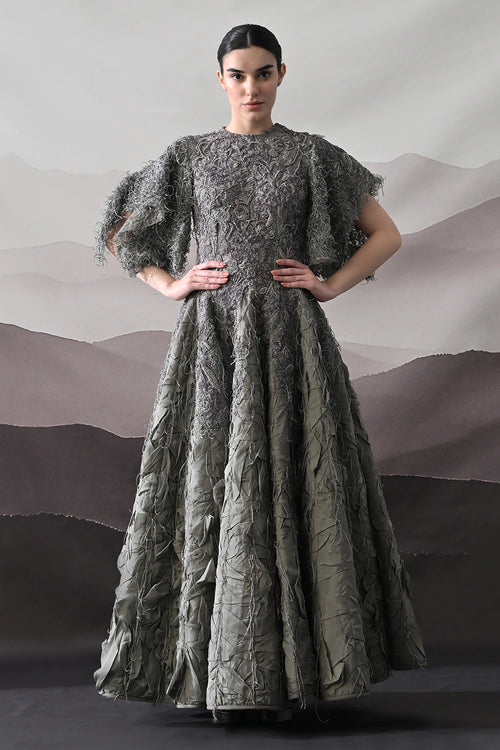 Grey Gown With Handworked Textural Embroidery