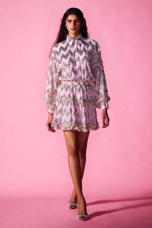 Powder Pink Chevron Sequin Collared Shirt Dress