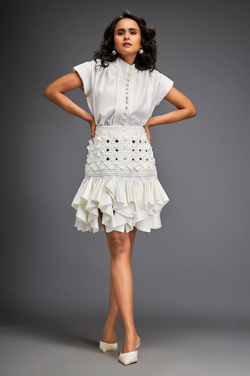 White Metallic Silver Ruffle Skirt Set
