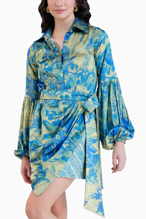 Gold Foil Botanical Foliage Printed Short Dress With Belt